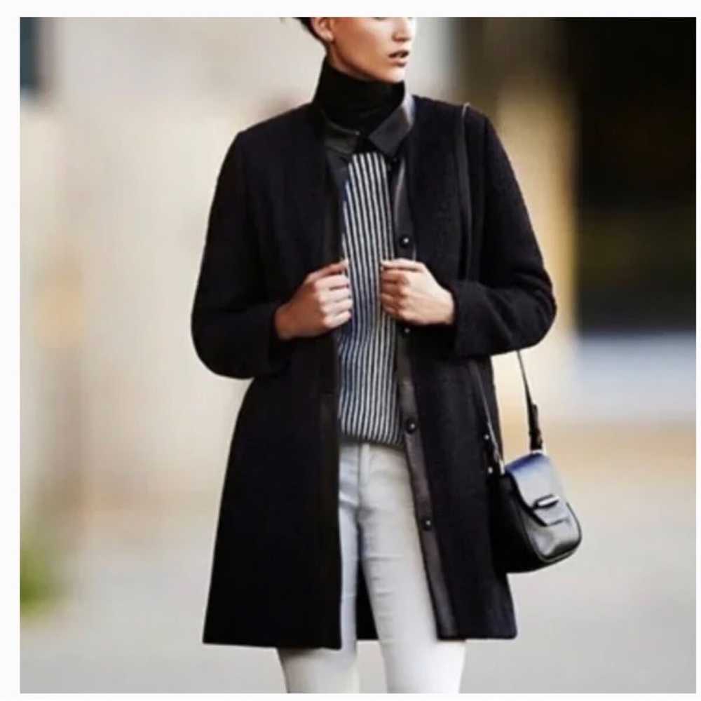 Club Monaco Navy Boucle Coat with leather trim